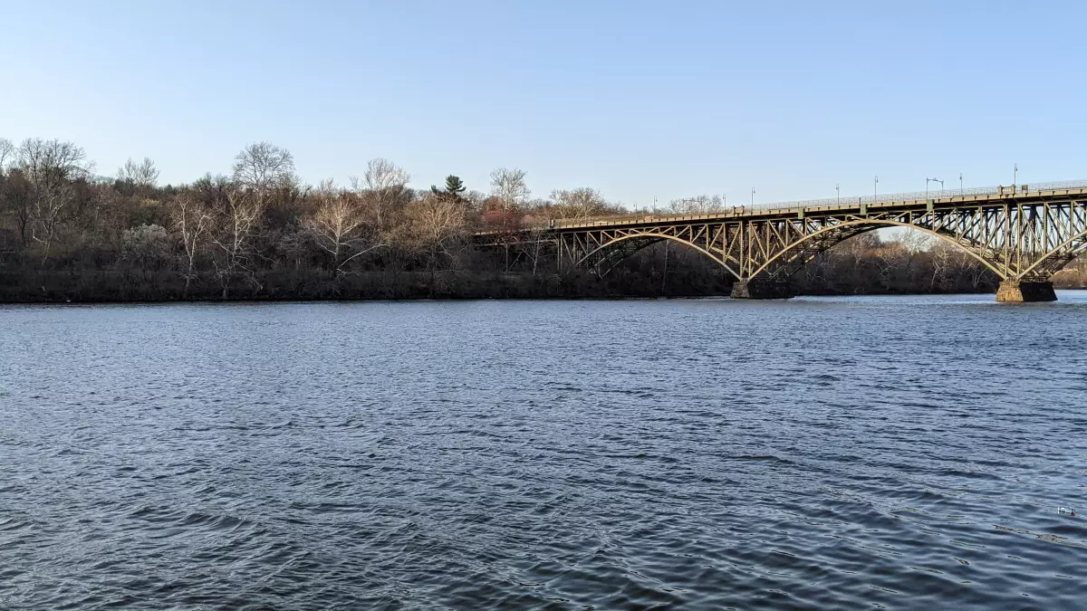 A steel arch bridge spanning a wide river, with bare, leafless trees lining the far bank under a clear blue sky.